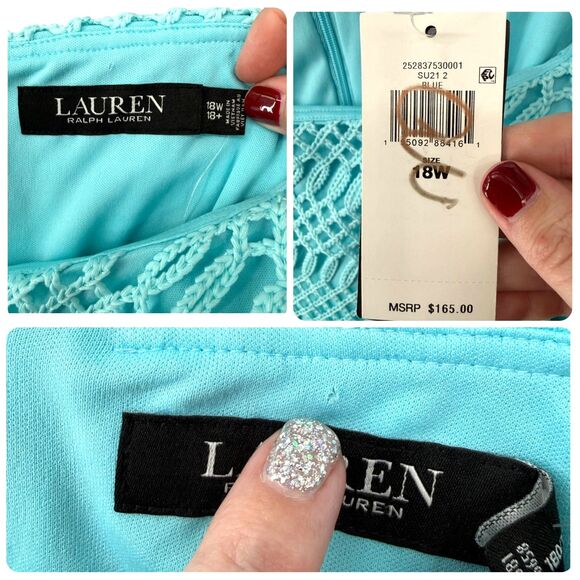 Lauren Ralph Lauren Crochet Lace Sheath Dress 18W Aqua Blue Boat Neck Wedding - Picture 12 of 13
